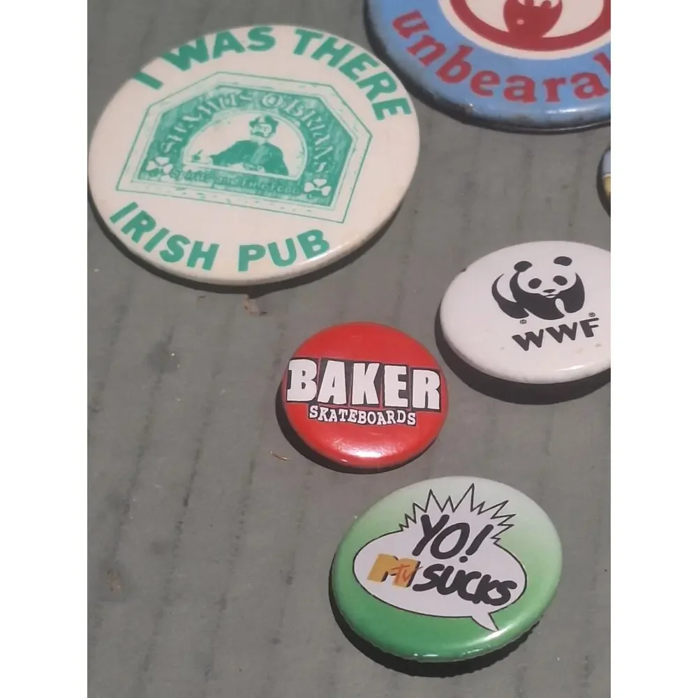 Vintage/ Modern Pinback Button Lot Drugs Are Unbearable Irish Pub WWF Baker MORE
